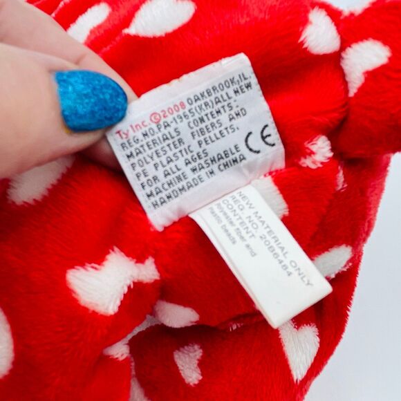 Ty Pluffies DREAMLY Red Teddy Bear White Hearts TySilk 2008 Stuffed Animal Plush - Picture 7 of 8